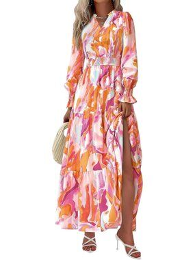 PrettyGarden Women's Floral Brown Purple V Neck A Line Flowy Maxi Long Dress